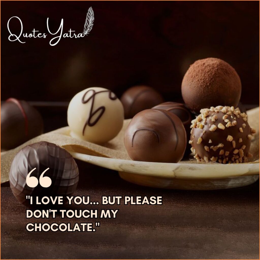 Close-up of assorted gourmet truffles on a marble plate. Quote: "I love you... but please don't touch my chocolate."