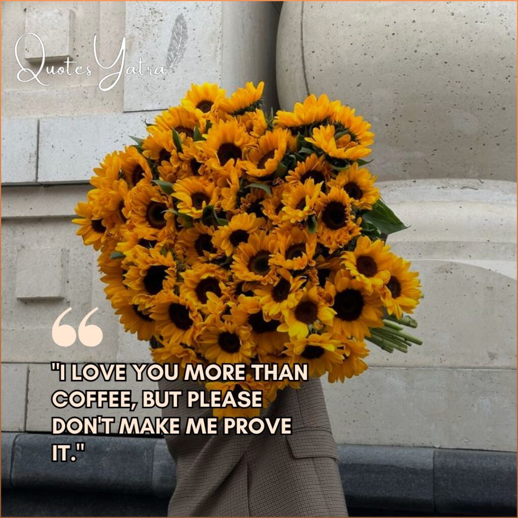 Funny Valentine Captions showing a person hiding behind a massive bouquet of yellow sunflowers.