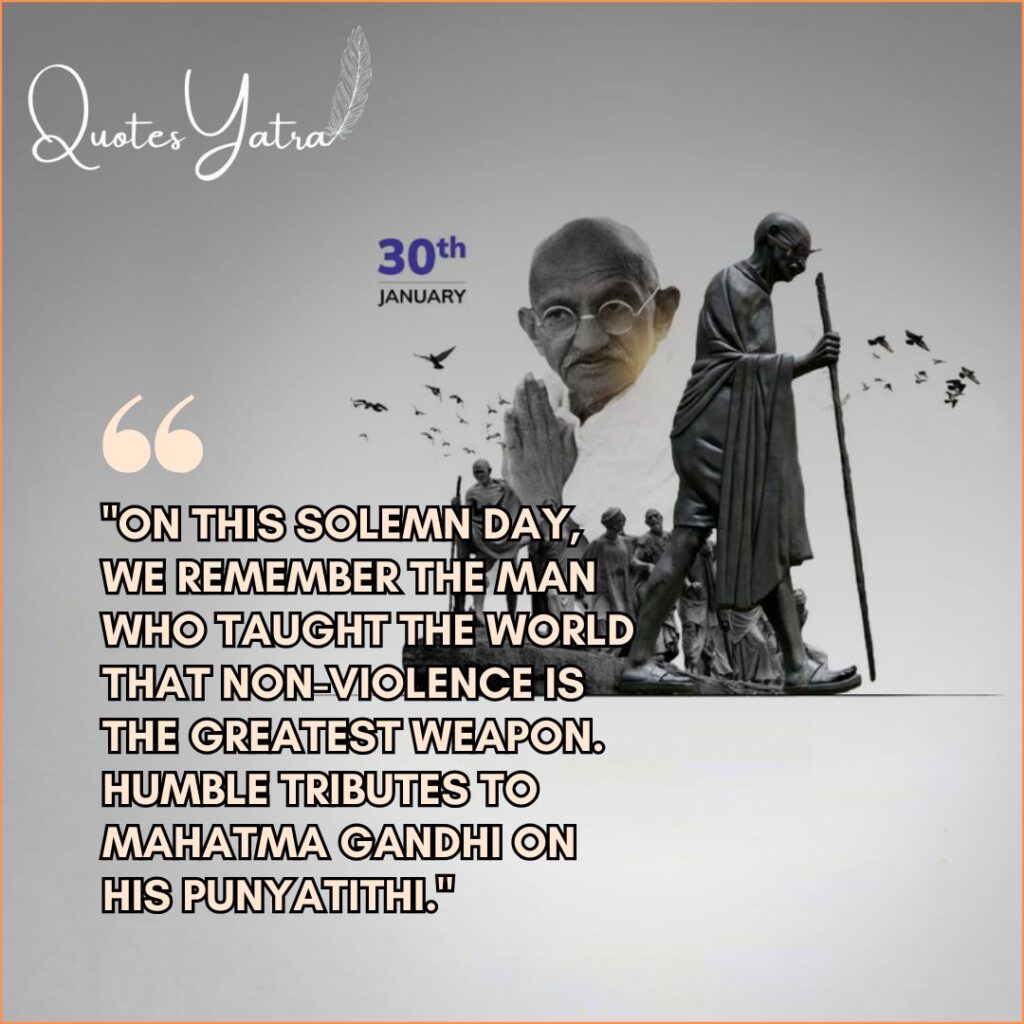 Gandhi Punyatithi 2026 tribute image featuring a statue of Mahatma Gandhi and flying birds.