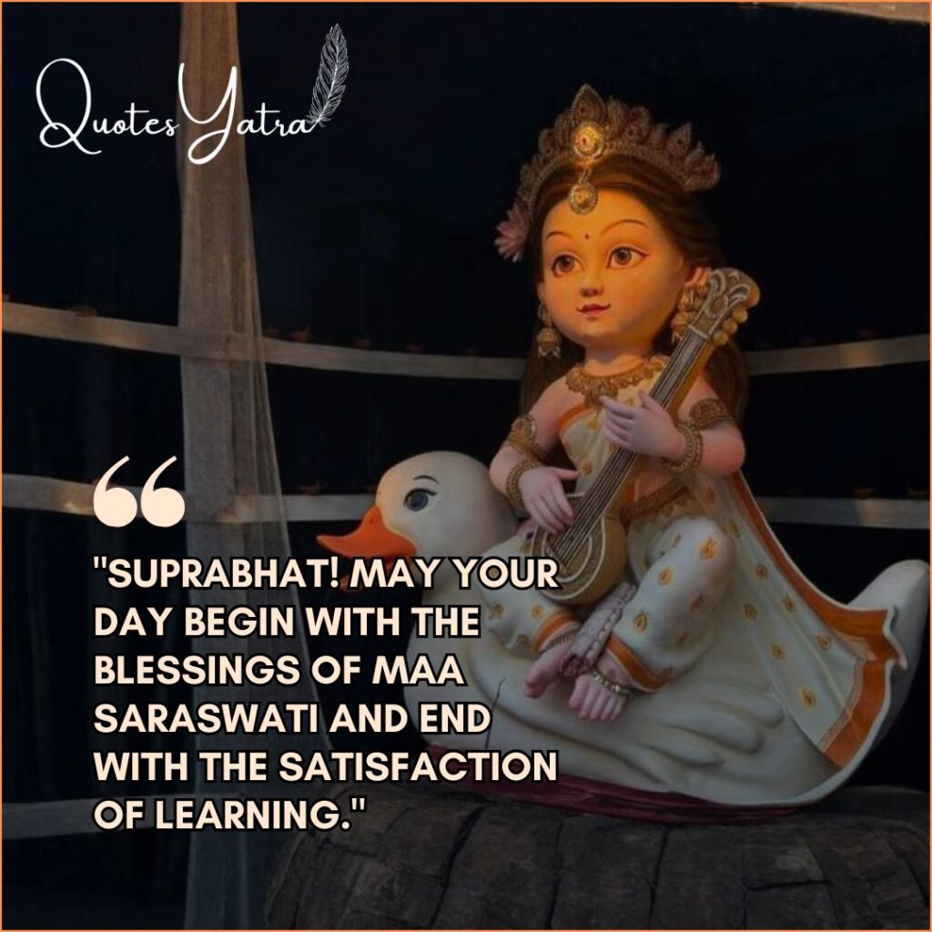 Cute idol of child Saraswati sitting on a duck with Good Morning wishes text.