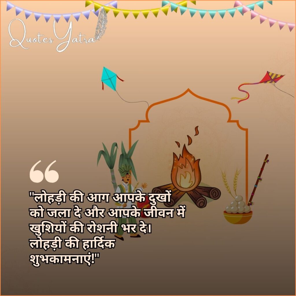 Traditional Lohri illustration with kites and sugarcane featuring Hindi wishes.