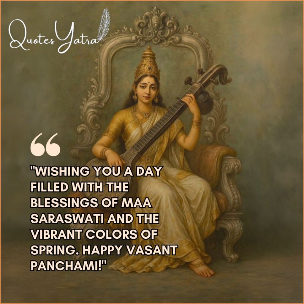 Classic painting of Goddess Saraswati in a golden saree playing the Veena.