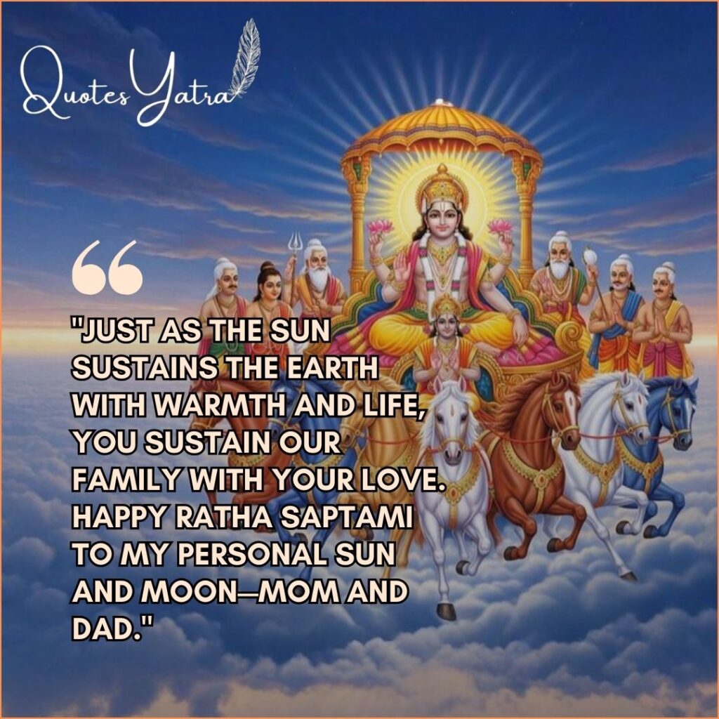 Heartfelt Ratha Saptami Wishes for Parents and family comparing them to the Sun and Moon.