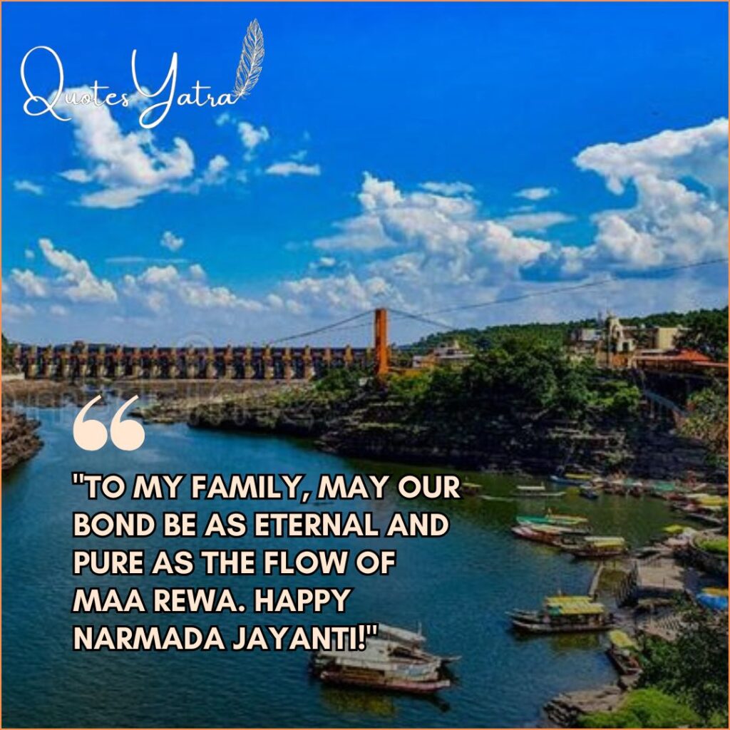 Narmada Jayanti 2026 Wishes for Family with a view of the Omkareshwar dam and river.