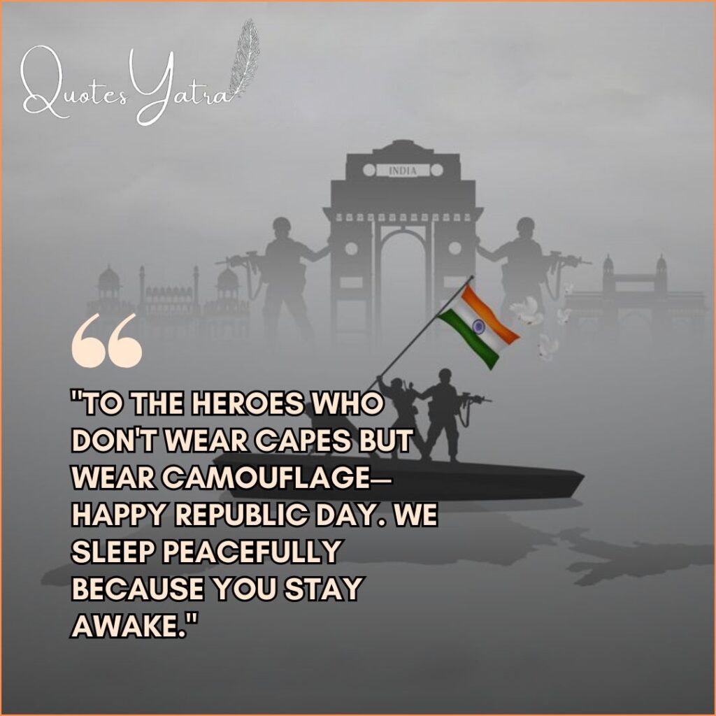 Heartfelt Republic Day 2026 Wishes for Indian Soldiers with silhouette of Army Navy and Air Force heroes.