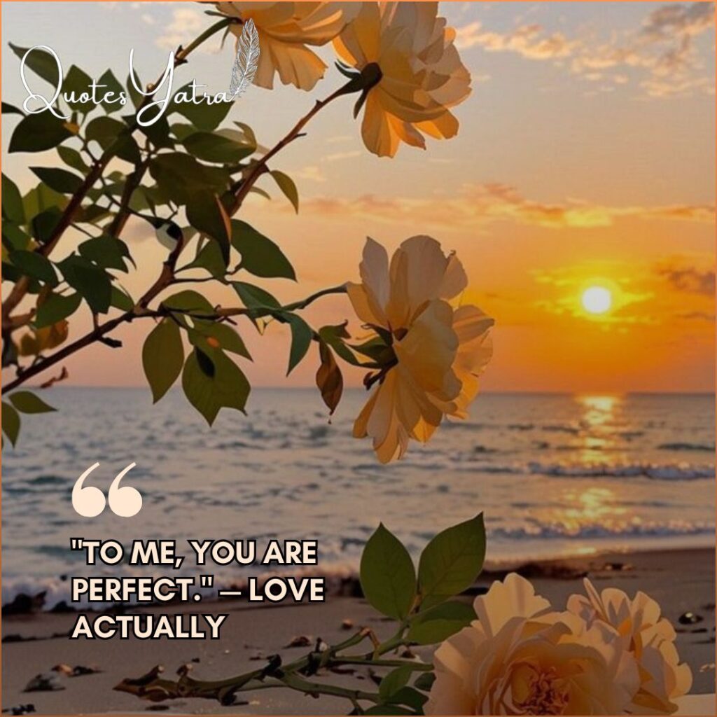 Iconic Movie Love Quotes featuring a sunset over the ocean viewed through yellow flowers.