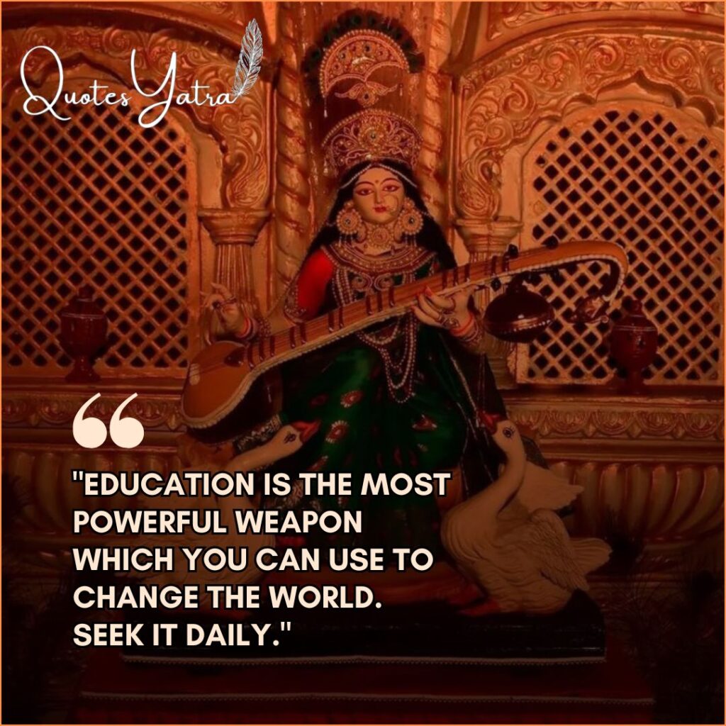 Saraswati idol with peacock feather background, featuring inspiring Saraswati Puja 2026 Quotes for students and education.