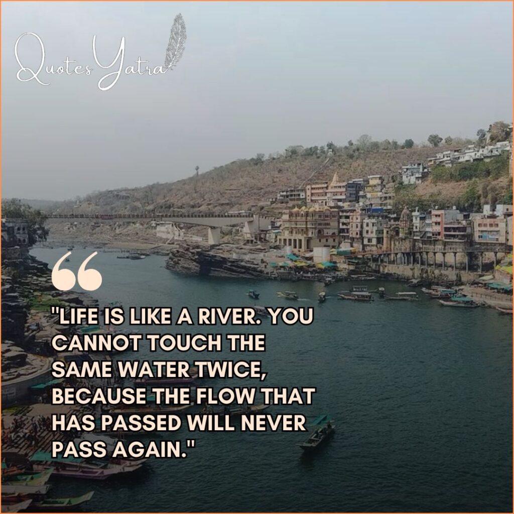 Inspirational River Quotes with a scenic view of Omkareshwar bridge and ghats.