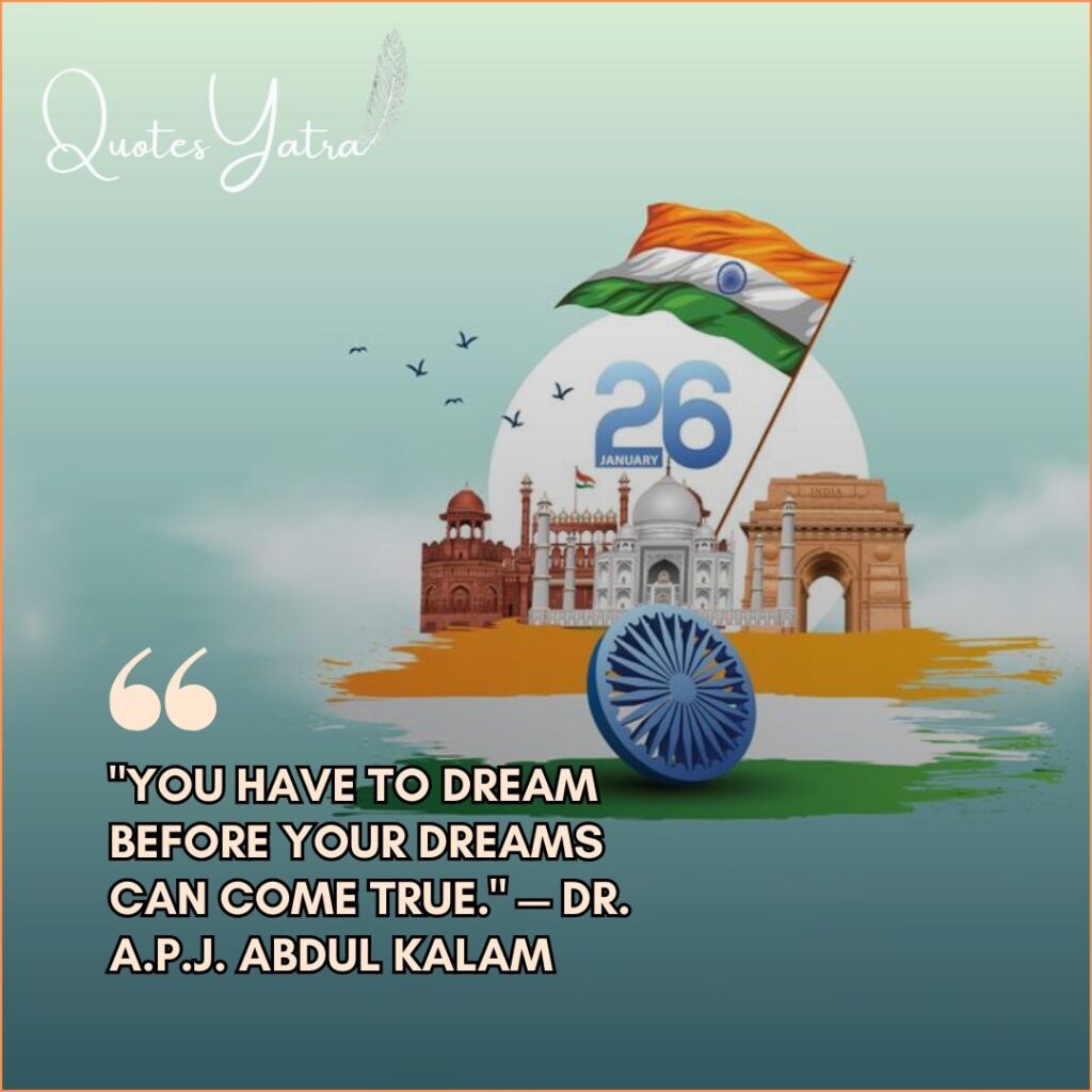 Dr APJ Abdul Kalam quote for students with collage of Indian monuments Taj Mahal India Gate and Red Fort.