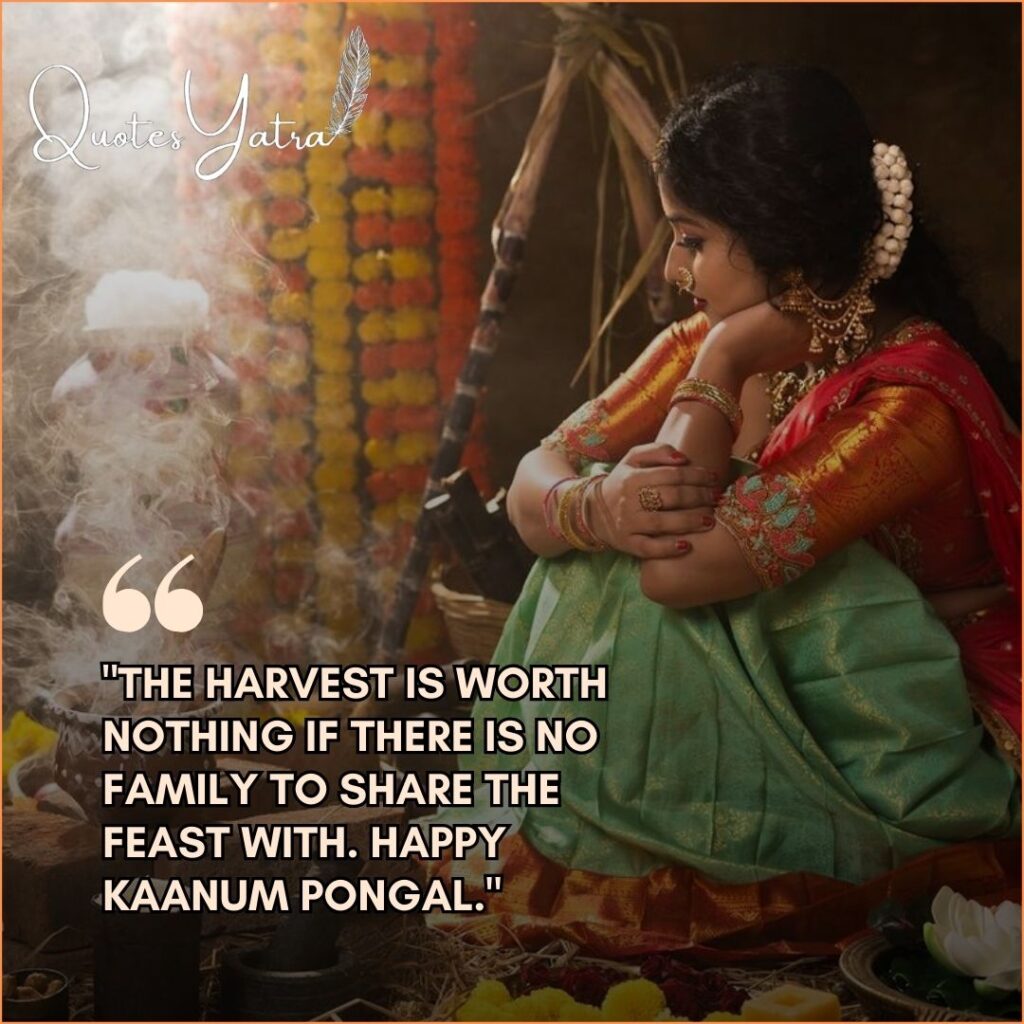 Kaanum Pongal wishes 2026 for reunion featuring a woman in a saree sitting near a pot.