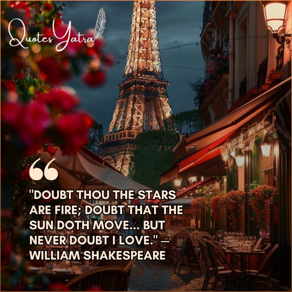Classic Literary Love Quotes featuring the Eiffel Tower in Paris at night with red flowers.