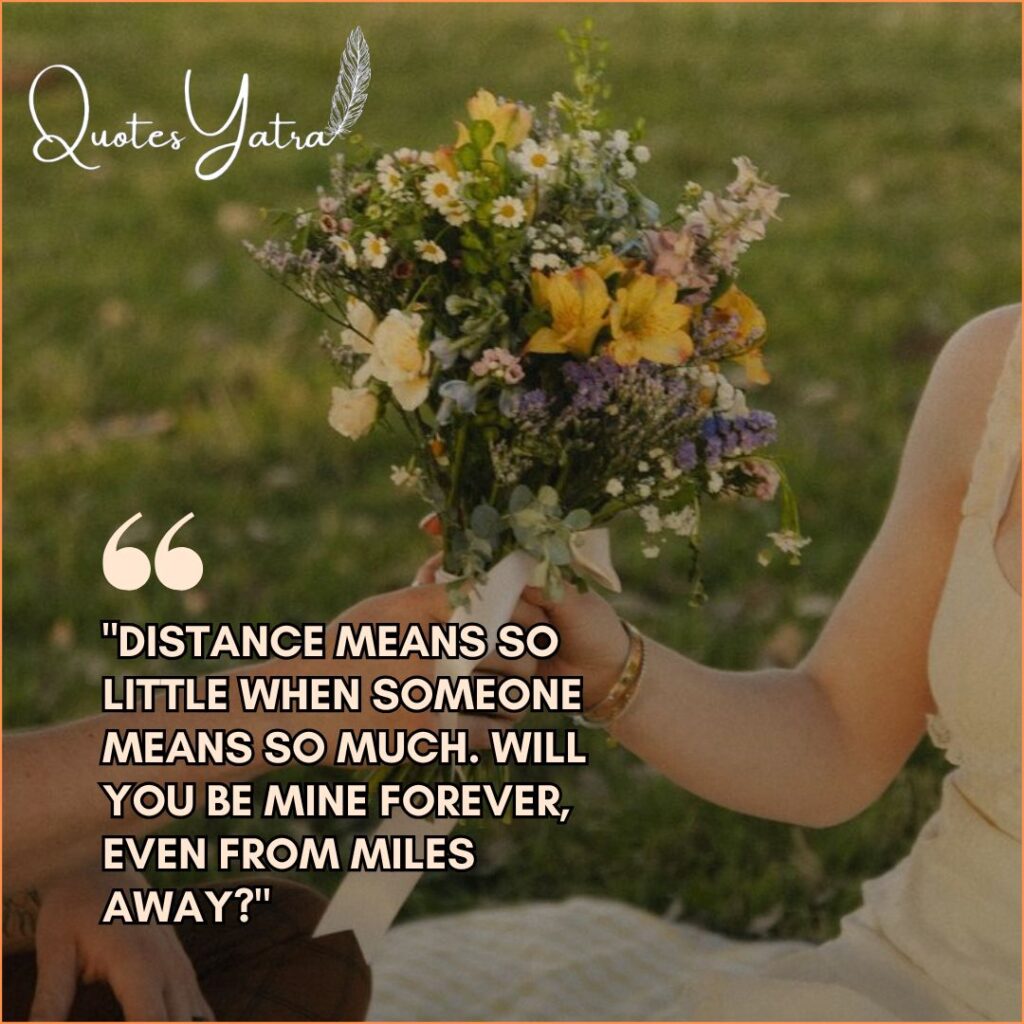 Hands exchanging a bouquet of wildflowers with long distance quote.
