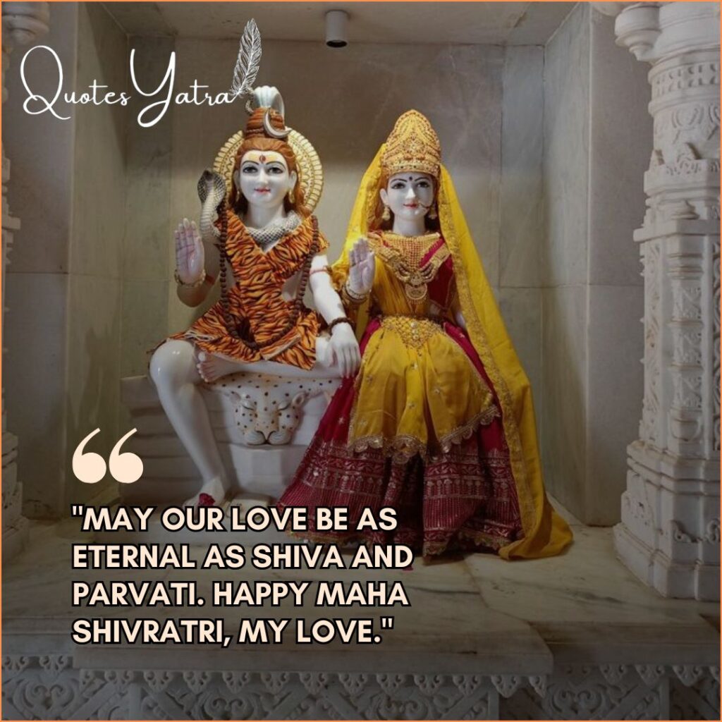 Shivratri Wishes for Couples showing marble idols of Shiva and Parvati in yellow and red.