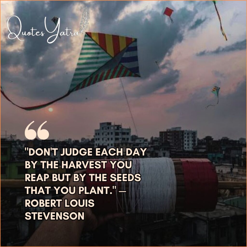 Makar Sankranti harvest quotes about patience and growth featuring a traditional kite spool and city skyline.