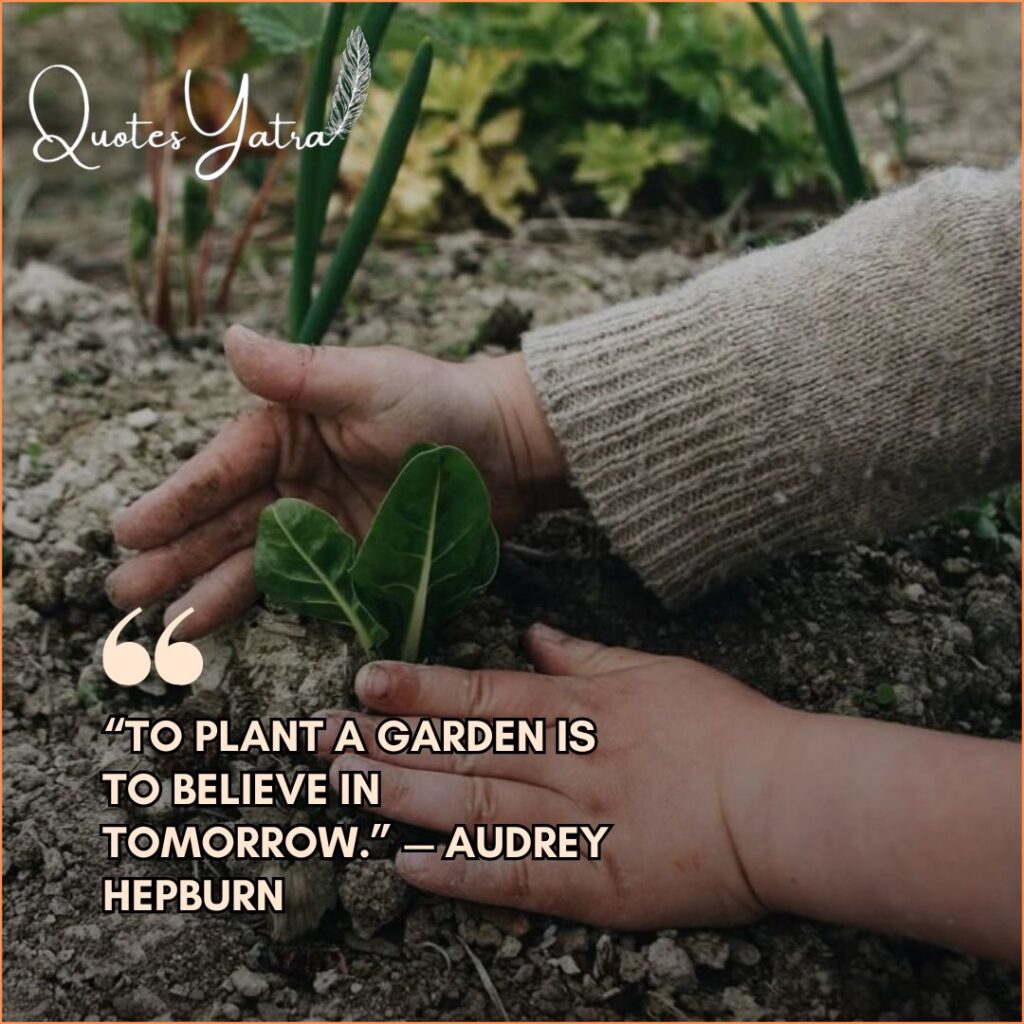 Hands planting a small green seedling into the soil. Quote by Audrey Hepburn: "To plant a garden is to believe in tomorrow."
