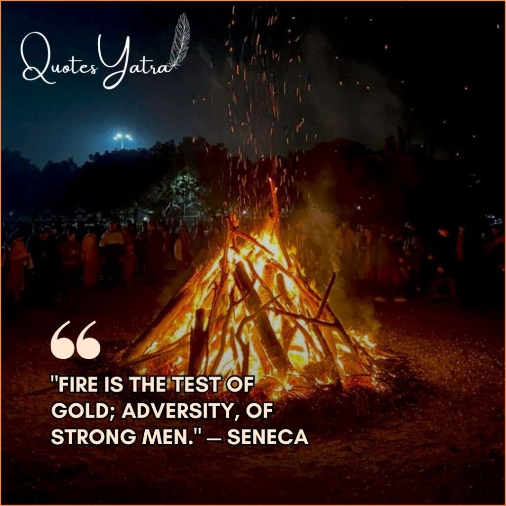 High flames and sparks of a Lohri bonfire against a dark night sky with a Seneca quote.