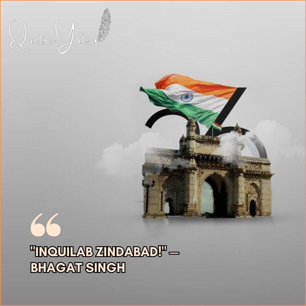 Bhagat Singh Inquilab Zindabad slogan with Gateway of India and Indian Flag graphic.