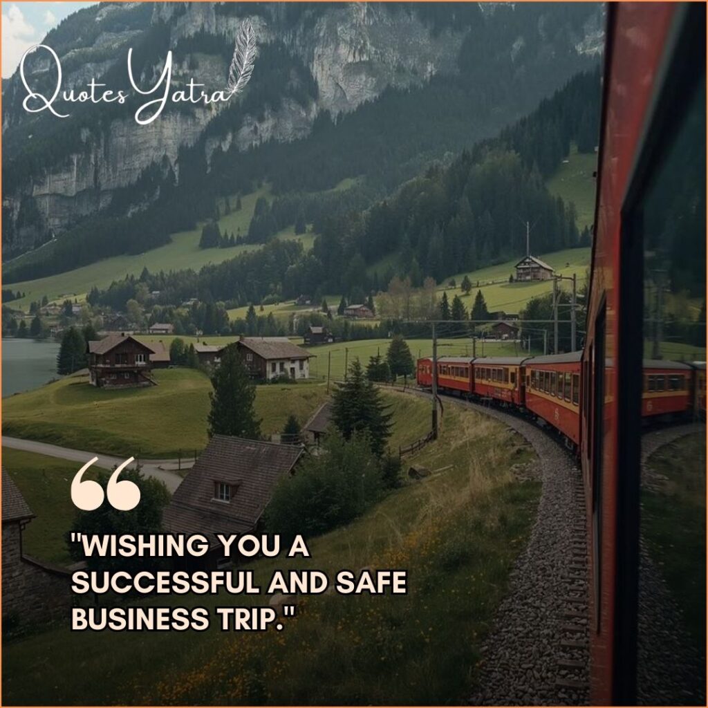 Red train traveling through a Swiss village with the text "Wishing you a successful and safe business trip," an ideal professional happy trip message.