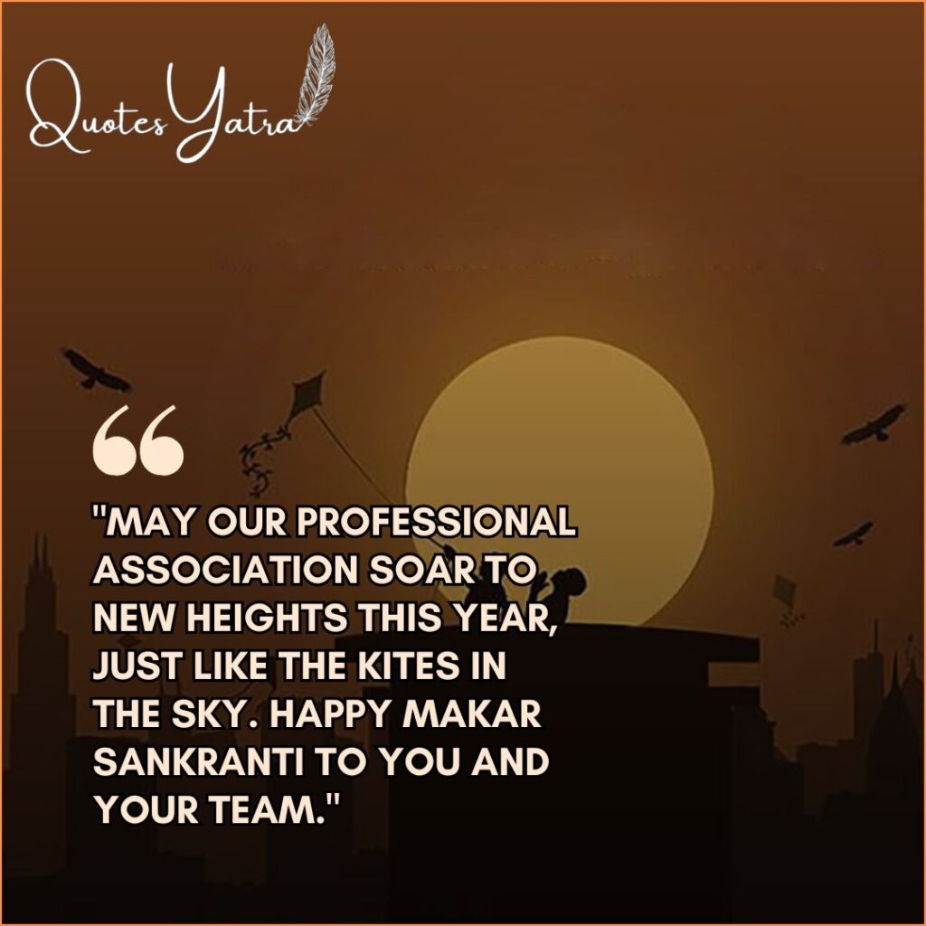rofessional Happy Makar Sankranti 2026 greetings for corporate clients featuring a kite flyer silhouette against a sunset.