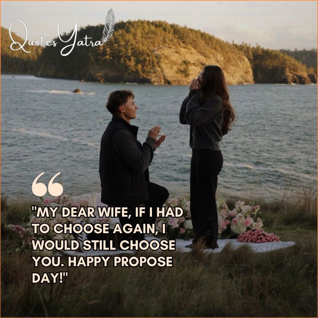 Man kneeling on a beach proposing to woman with romantic quote.