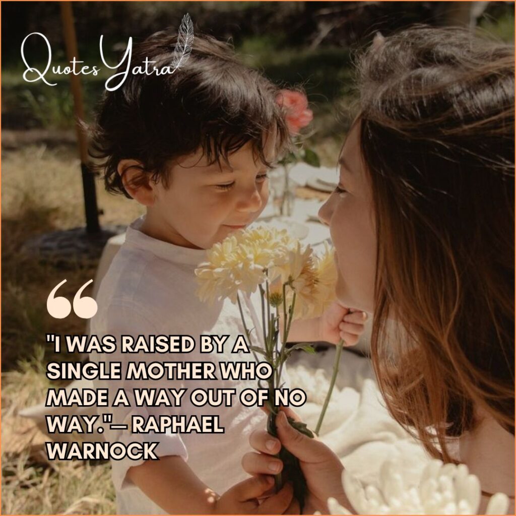 A single mother smiling at her young child while holding flowers outdoors.