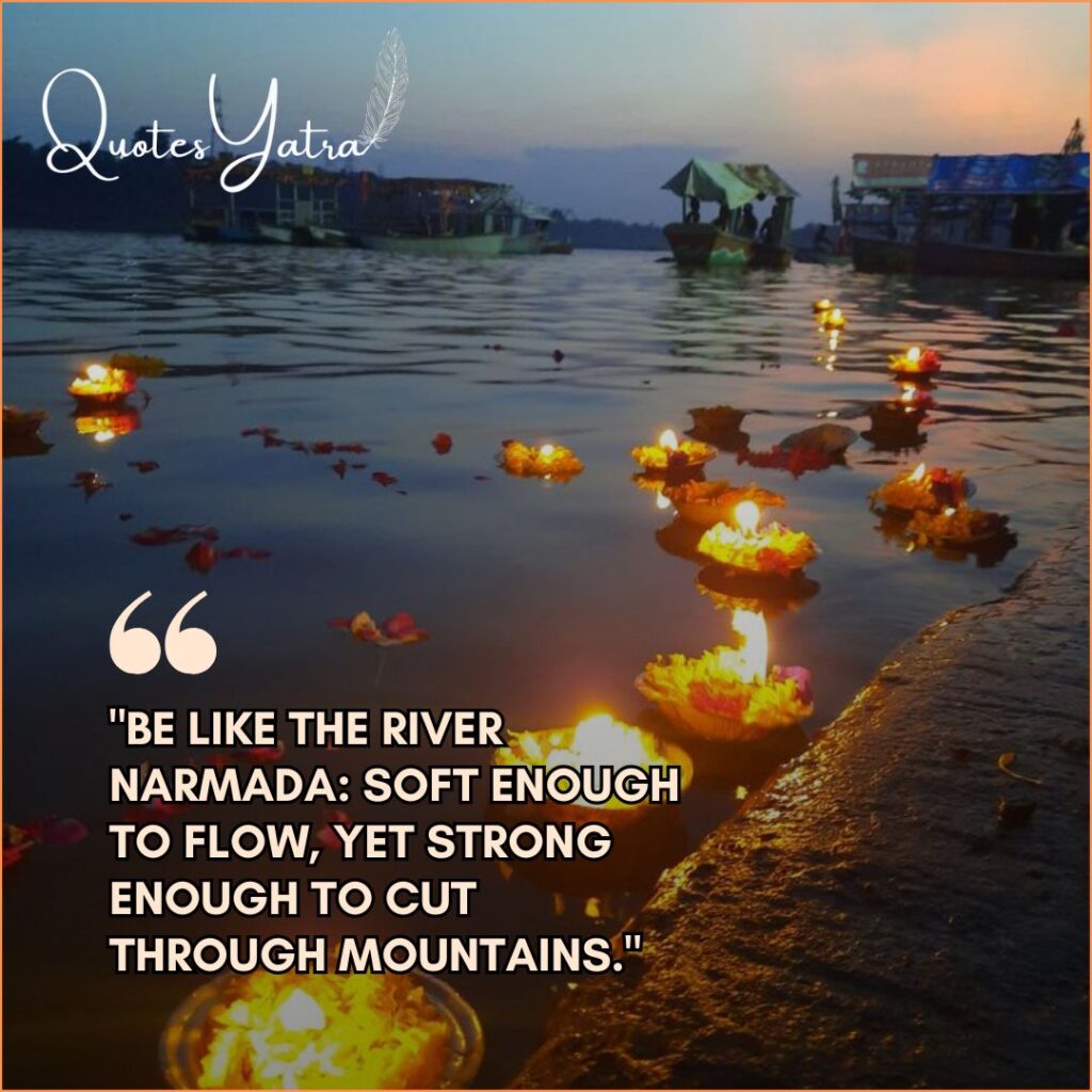 Narmada River Quotes about resilience with floating oil lamps (Deep Daan) on the water.