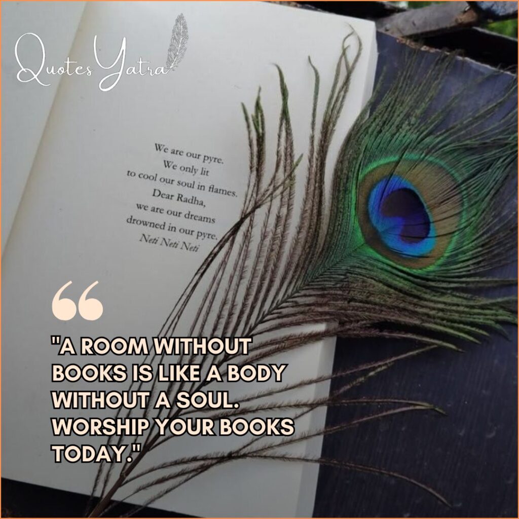 An open book with a peacock feather, illustrating Saraswati Puja 2026 Quotes about the power of books and reading.