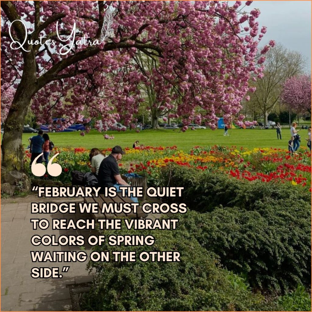 Spring park with pink blossoms and people relaxing, featuring an original QuotesYatra February quote.