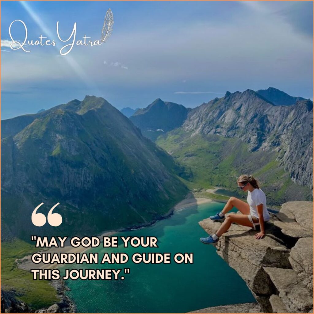 Hiker sitting on a cliff edge overlooking a green fjord with the text "May God be your guardian and guide on this journey," a spiritual safe travel prayer.