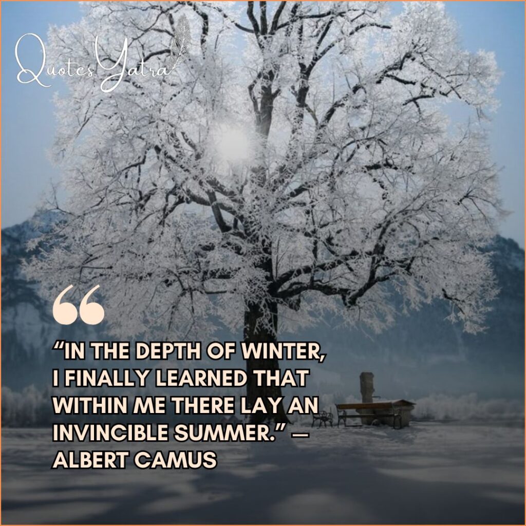 A lone tree covered in white frost standing in a snowy landscape. Quote by Albert Camus: "In the depth of winter, I finally learned that within me there lay an invincible summer."