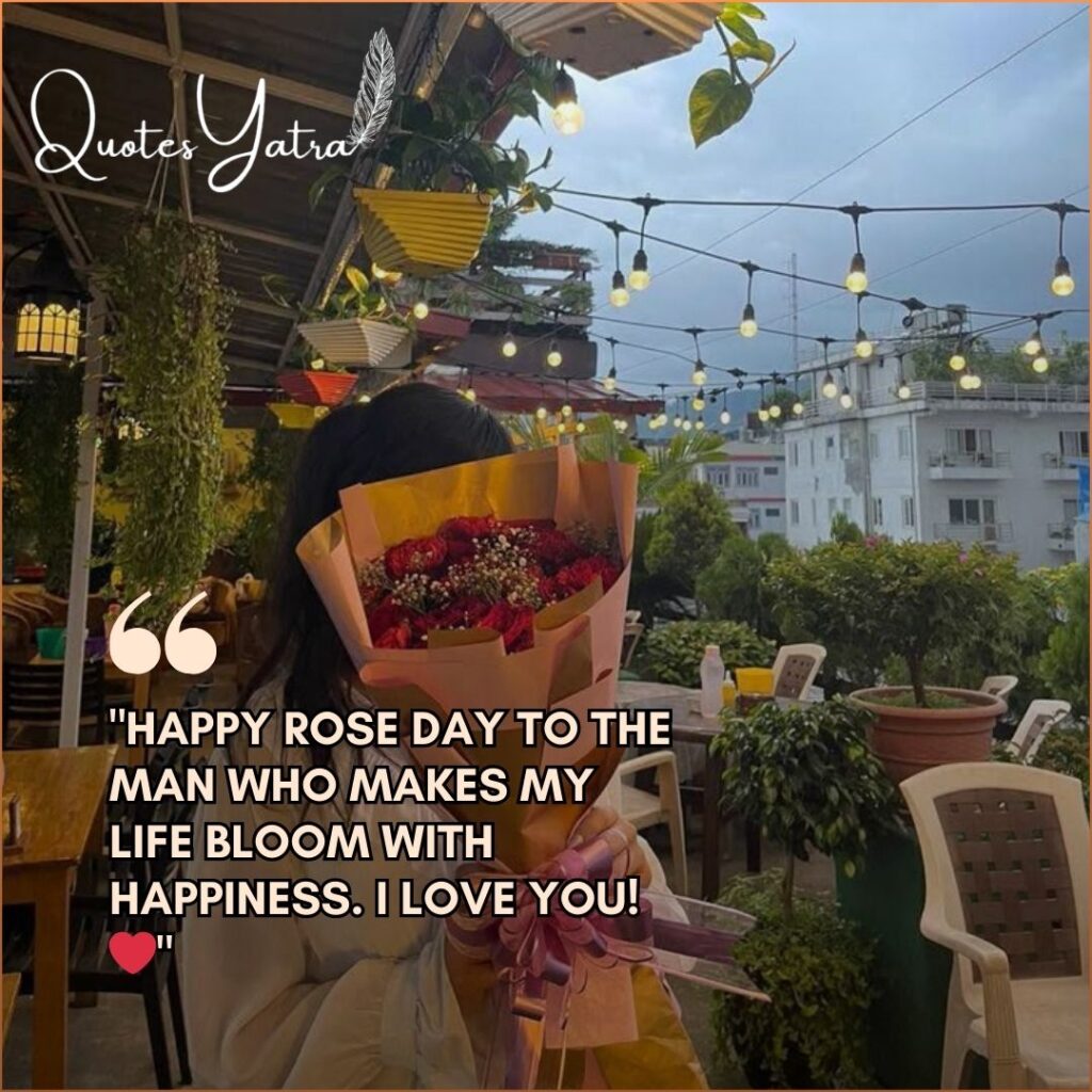 Rose Day wish for husband with a woman holding a bouquet in a cafe.