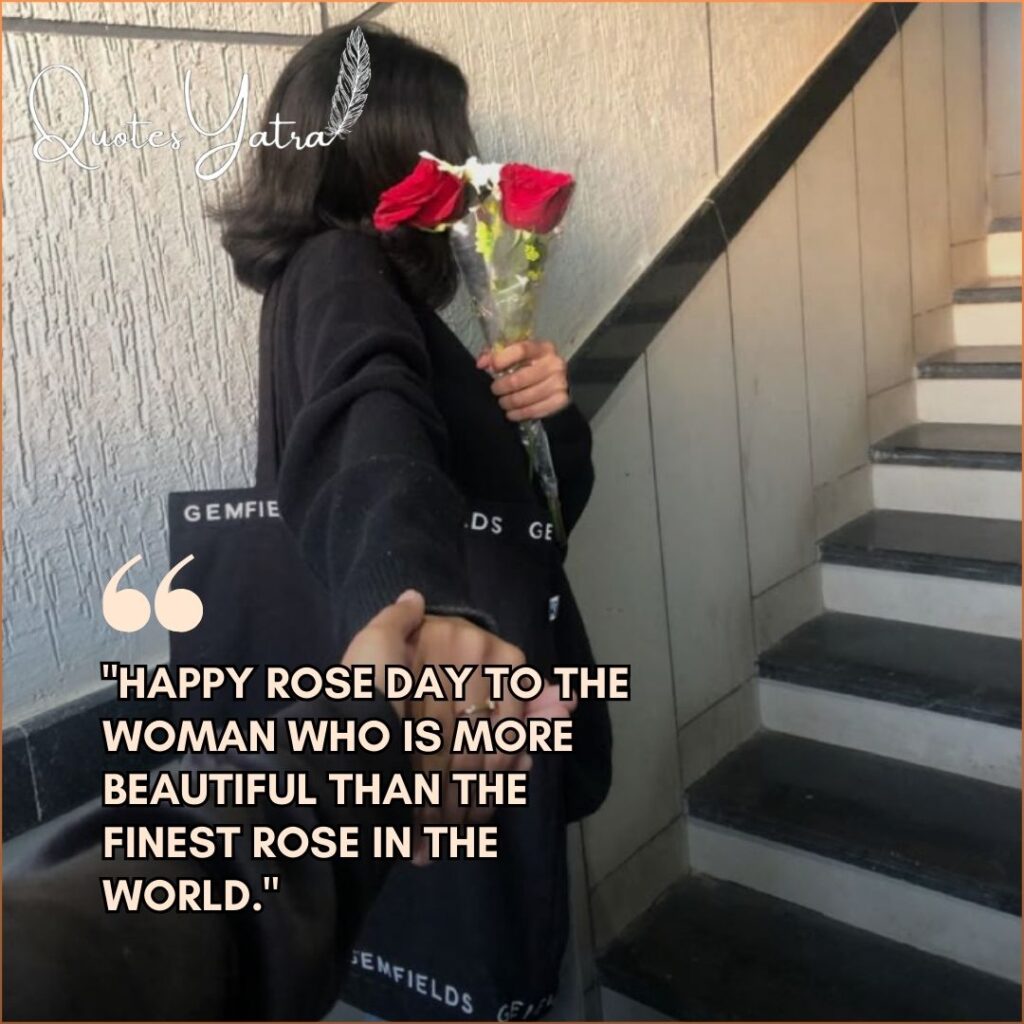 Romantic Rose Day wish for wife with a couple holding hands on stairs.