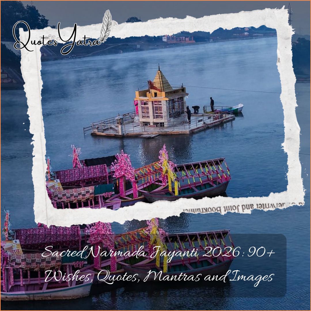 Sacred Narmada Jayanti 2026 Wishes featured image showing a holy temple shrine in the Narmada river and boats decorated with pink flowers.