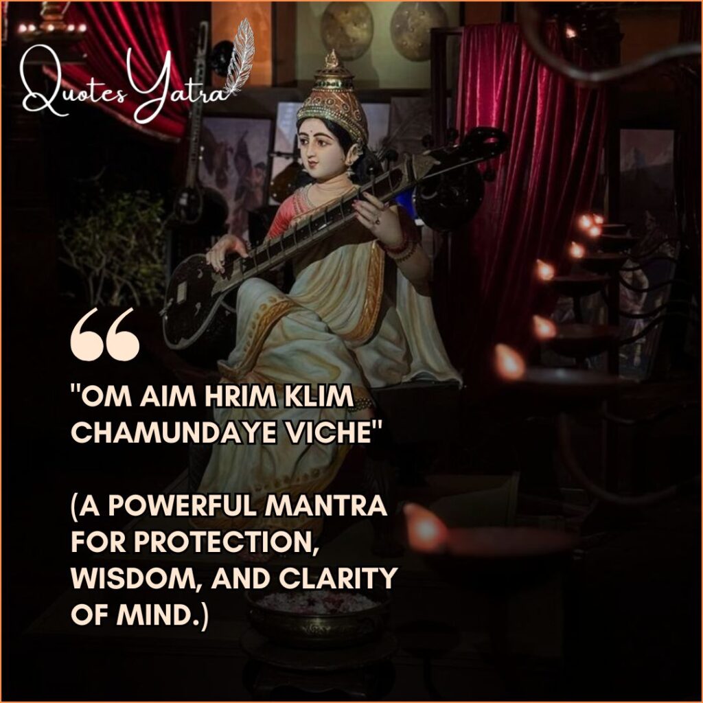 Goddess Saraswati idol with the Beej Mantra text, serving as spiritual Saraswati Puja 2026 Quotes and Sanskrit slokas.