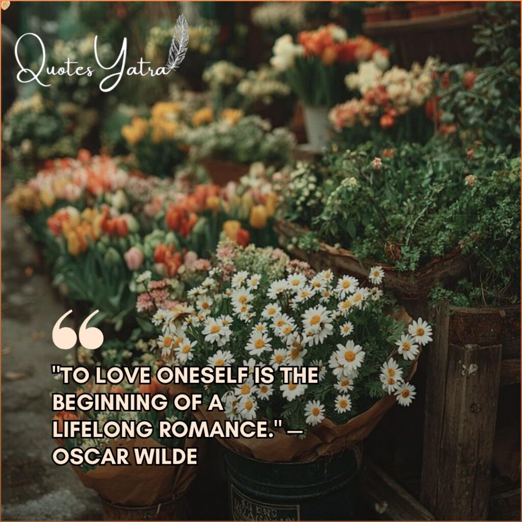 Self Love Quotes featuring buckets of fresh white daisies and wildflowers at a market.
