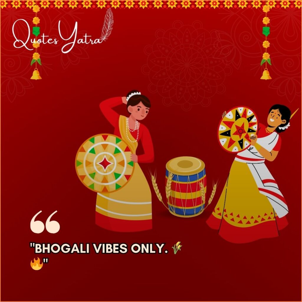 Red background graphic with dancers perfect for Happy Magh Bihu Instagram status.