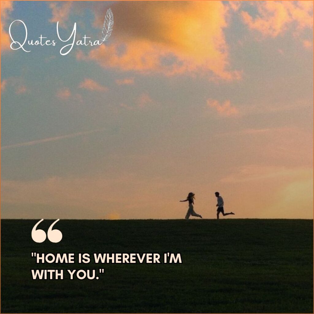 Instagram Valentine Captions showing a couple running in a field at sunset.