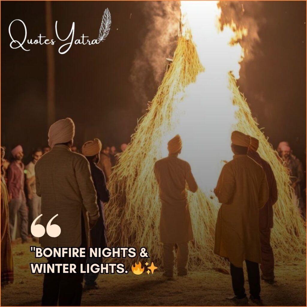 Group of people gathering around a large Lohri bonfire with an Instagram caption overlay.