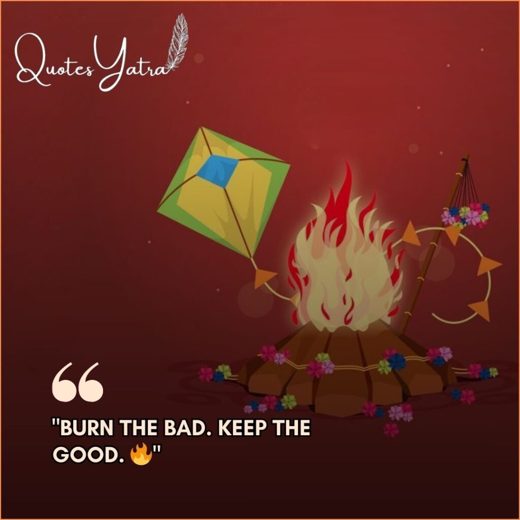 Short Bhogi caption 2026 for Instagram with kite and bonfire graphic.