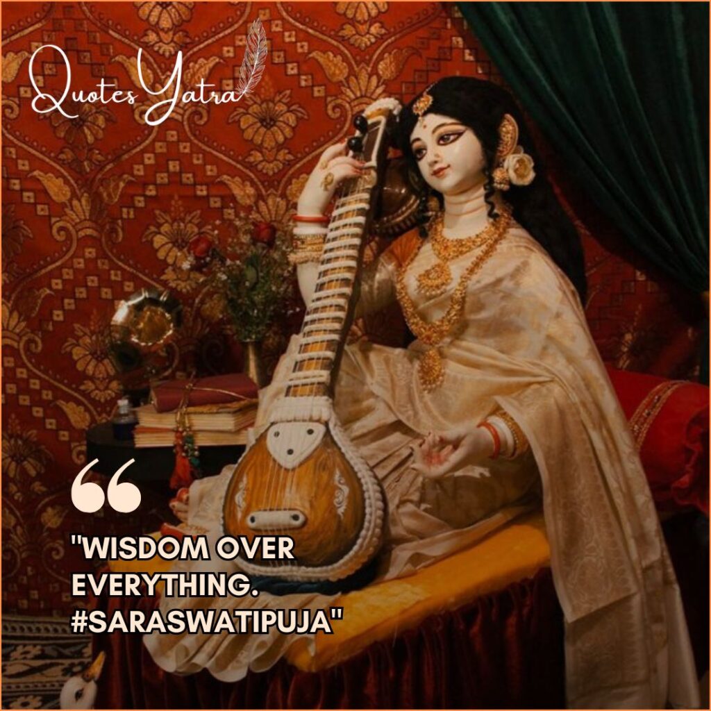 Beautiful white marble idol of Saraswati playing Veena, featuring short Saraswati Puja 2026 Quotes and captions for Instagram.