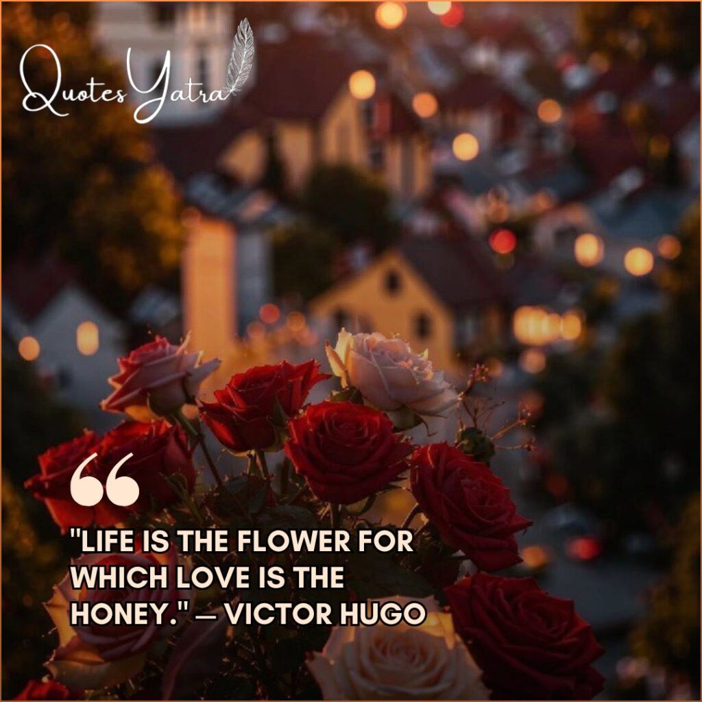 Short Valentine Messages featuring deep red roses with a soft city background.