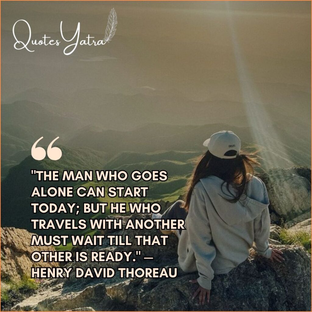 Solo female traveler sitting on a rock watching sun rays break over the mountains with a quote by Henry David Thoreau.