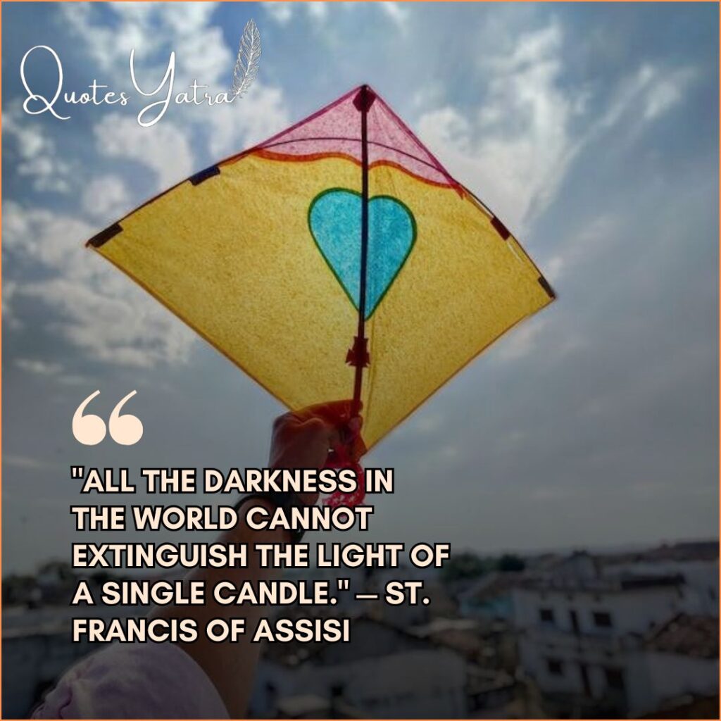 Spiritual Makar Sankranti quotes 2026 about light and inner change featuring a yellow kite with a blue heart.