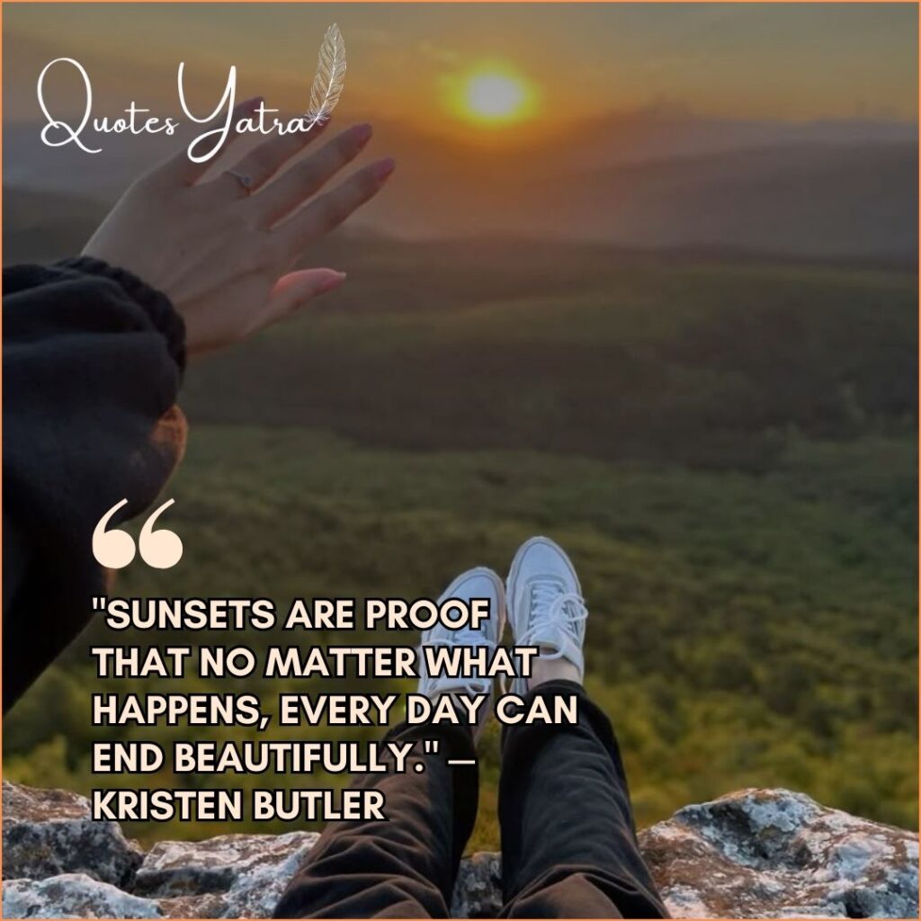 First-person view of legs and a hand reaching towards a golden sunset over green hills with an inspiring quote.