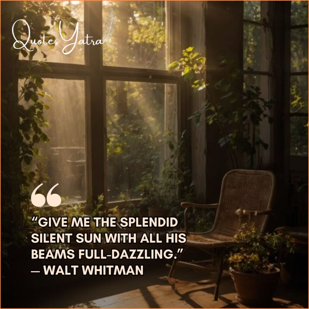 Quotes About the End of Winter focusing on sunlight, depicting a sunlit room with plants and a Walt Whitman quote.