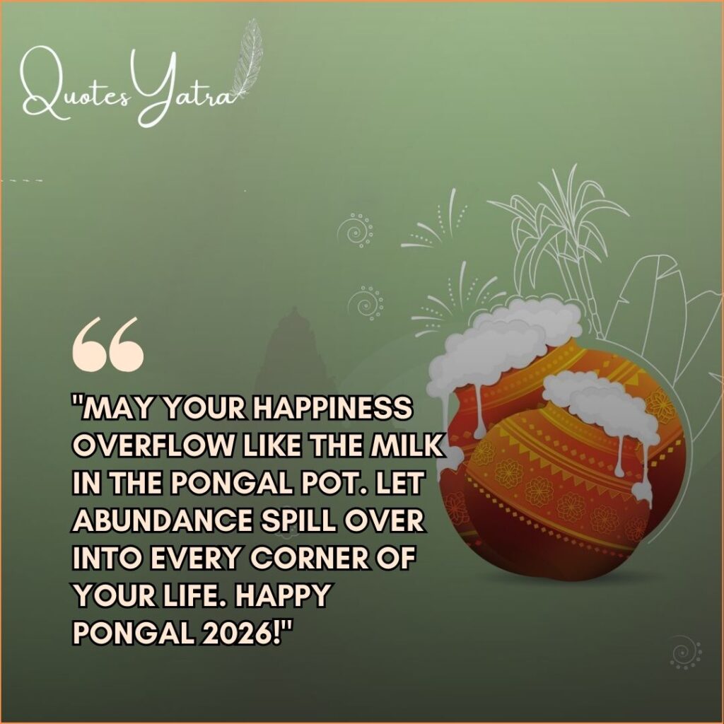Top 10 Happy Pongal wishes 2026 illustration with overflowing clay pots on a green background.