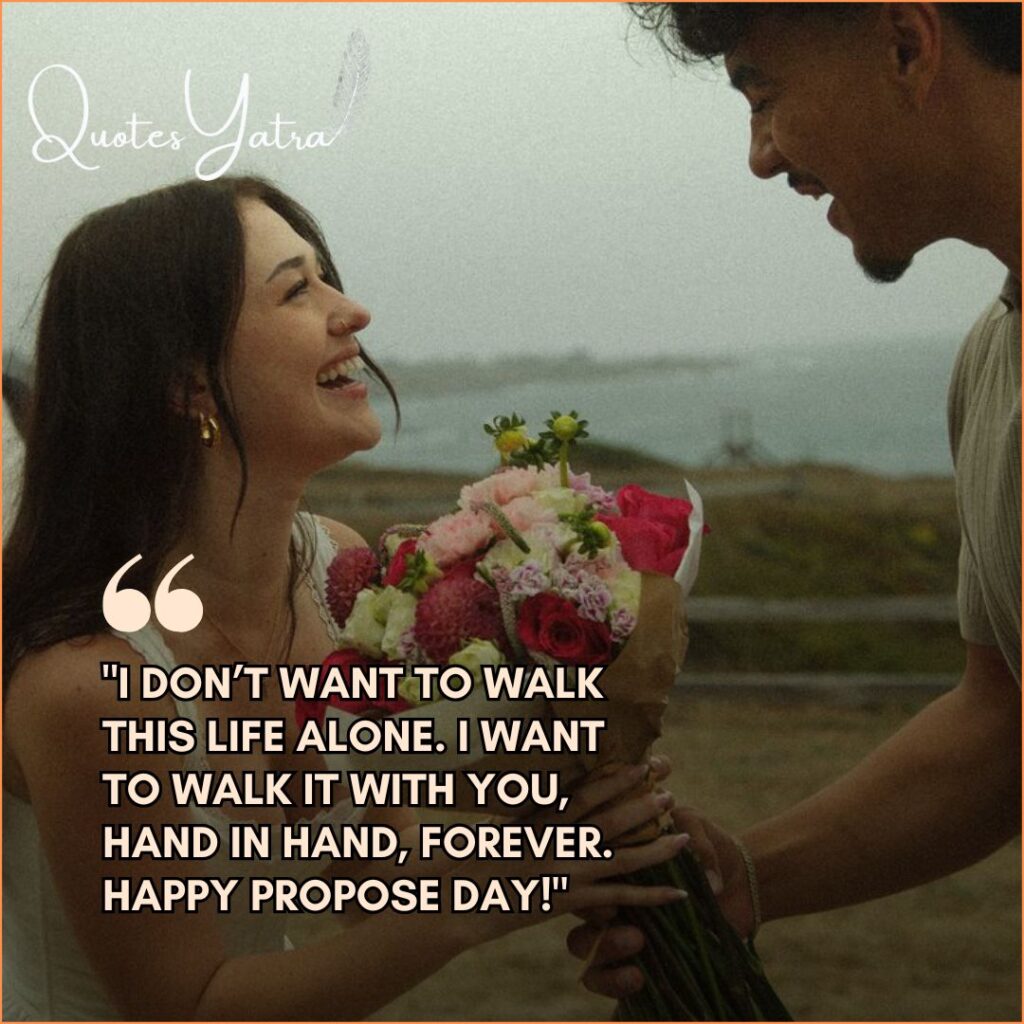 Romantic proposal quote for partner, man giving flowers to woman.