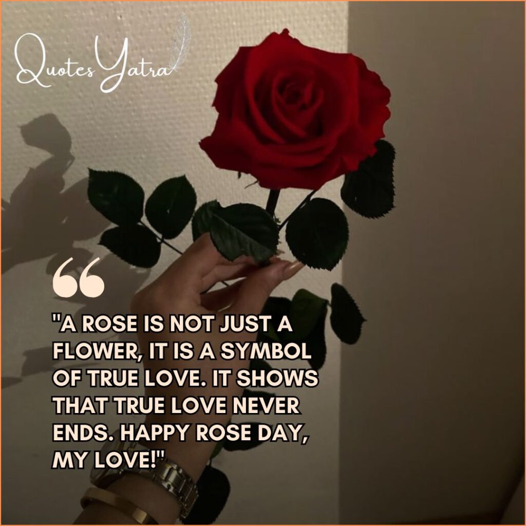 Romantic Rose Day quote for a partner with a hand holding a single red rose.