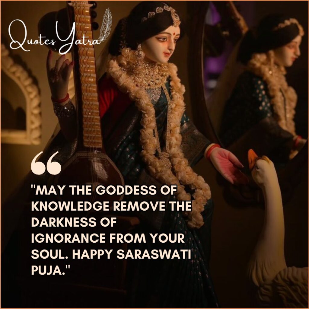 Idol of Goddess Saraswati looking at a swan with a quote about removing ignorance.