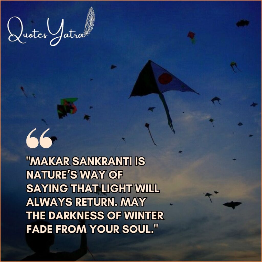 Spiritual Uttarayan 2026 quotes on sun and new beginnings with kites flying in a deep blue twilight sky.